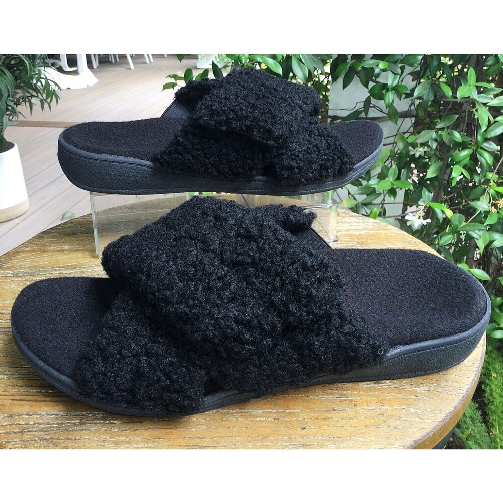 Vionic Relax Black Slippers Womens Sz 9 Faux Shearling Orthaheel Adjustable Shoe